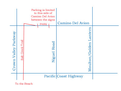 hand drawn map showing parking area along Camino del Avion between Niguel Road on the way to Crown Valley Parkway 