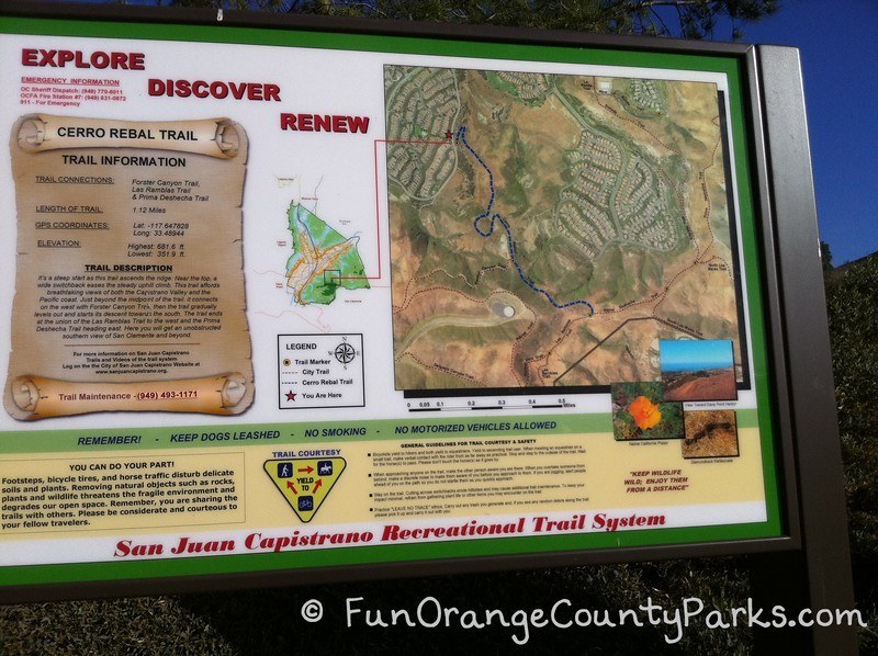 san juan capistrano recreational trail system sign with cerro rebal trail detailed