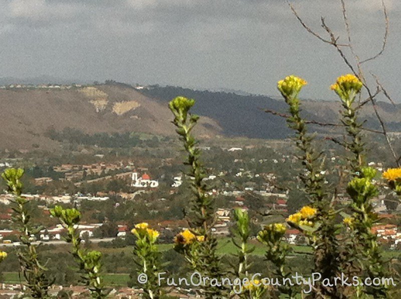 close up of the San Juan Capistrano mission from a distance on the flagpole hike and flag hill trail