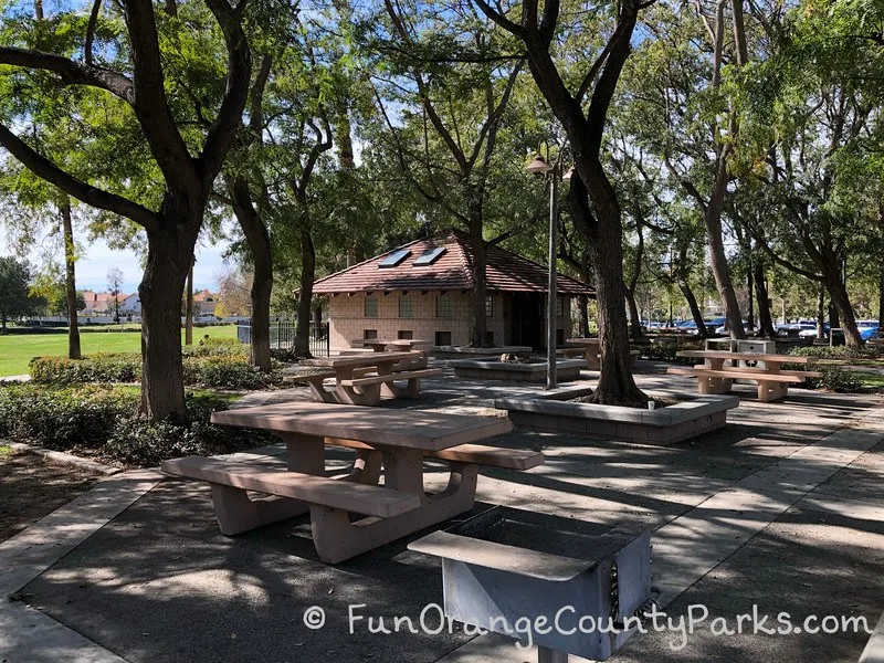 picnic tables and restroom building