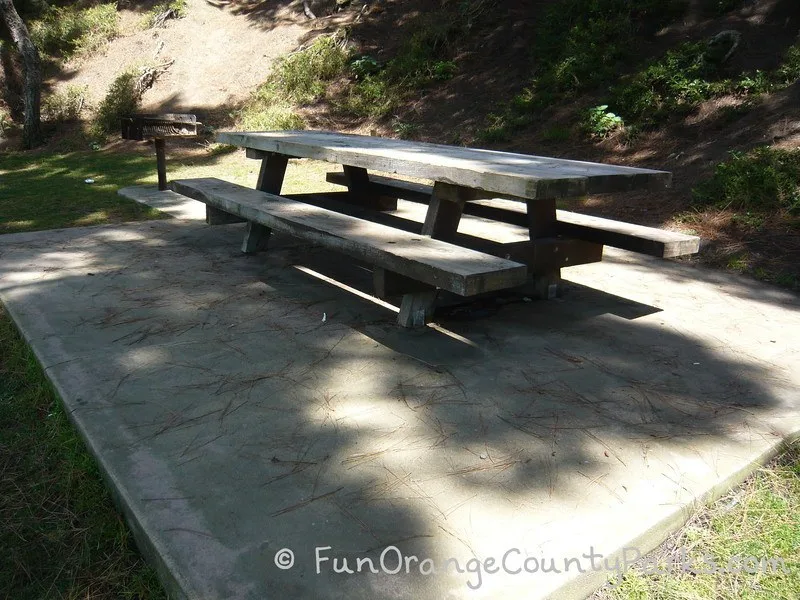 Shaded picnic table and grill at Pines Park in Capo Beach