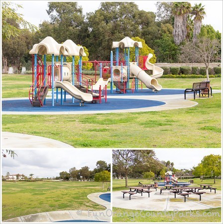 three photo collage of Summerlane Park with playground photo, field, and picnic area