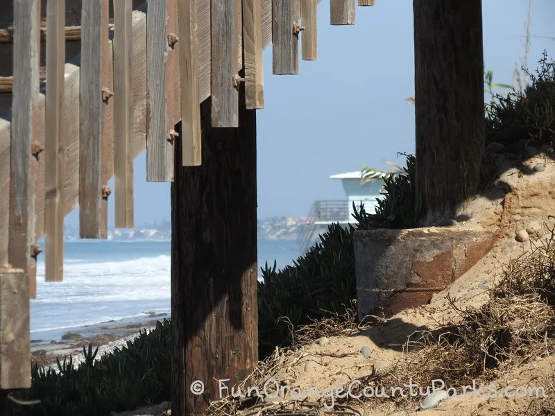 South Carlsbad State Beach stairs with view of lifeguard tower under the stairs