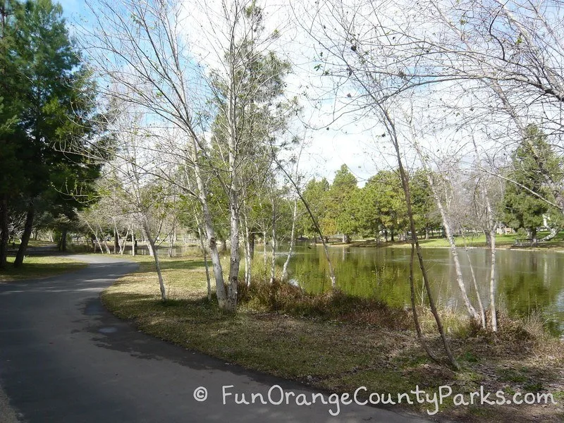 Yorba Regional Park with paved pathway and a fishing lake off the side surrounded by trees