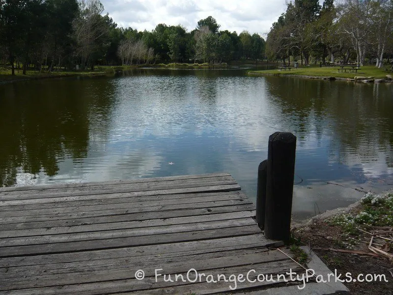 wooden dock at a fishing lake at Yorba Regional Park