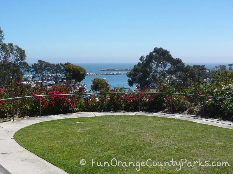 sunken rose garden with view of the harbor which would be a nice place to have a wedding at Lantern Bay Park in Dana Point