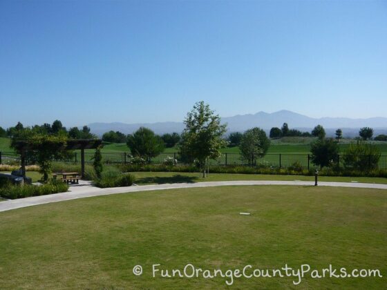 lawn area outside the Aliso Viejo Aquatic Center with a shaded picnic area and golf course visible past a fence