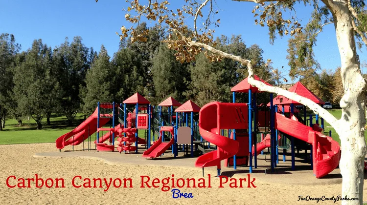 Carbon Canyon Regional Park playground with red slides on massive play structure