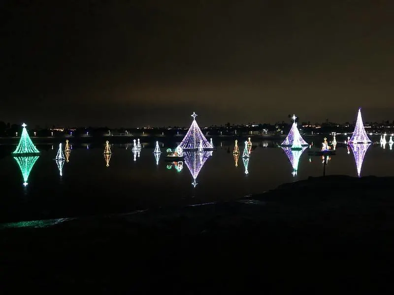 Newport Dunes Christmas Lights view from the beach