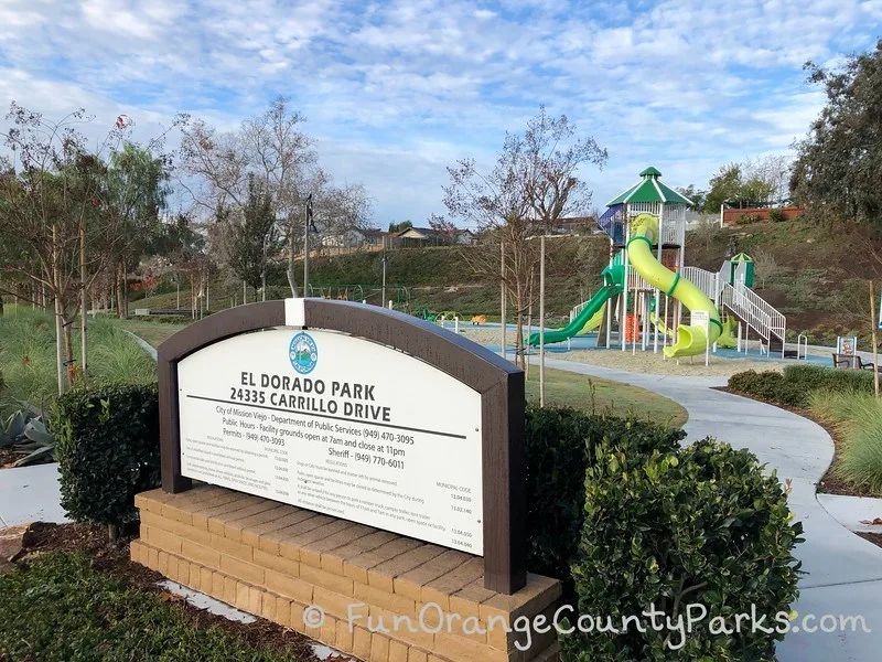 el dorado park mission viejo entrance sign with park rules and regulations