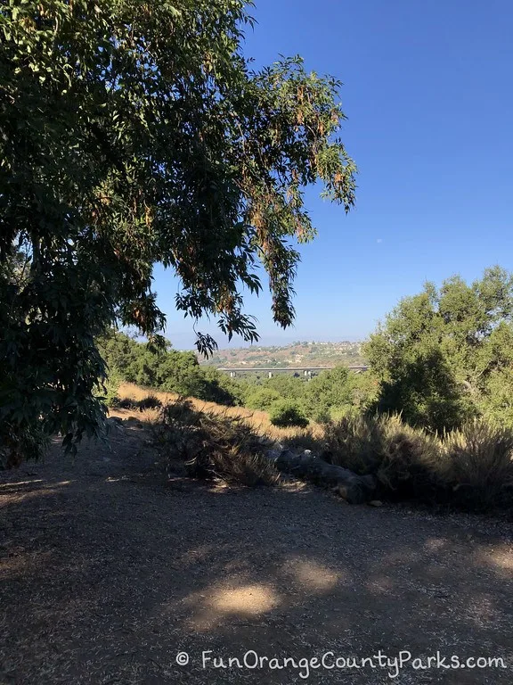 Shaded view of Rancho Santa Margarita bridge from Story Walk trail