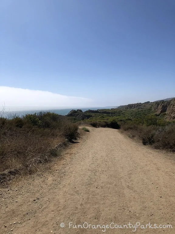 Wide dirt trail with ocean in distance