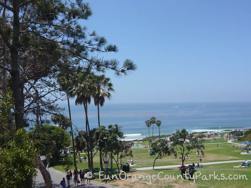 main Salt Creek Beach with views of lawn and people spread out enjoying the day near the beach