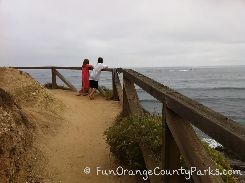 a girl in a pink dress and a boy in shorts with a white tee shirt lean on a wooden railing on a dirt trail overlooking the ocean
